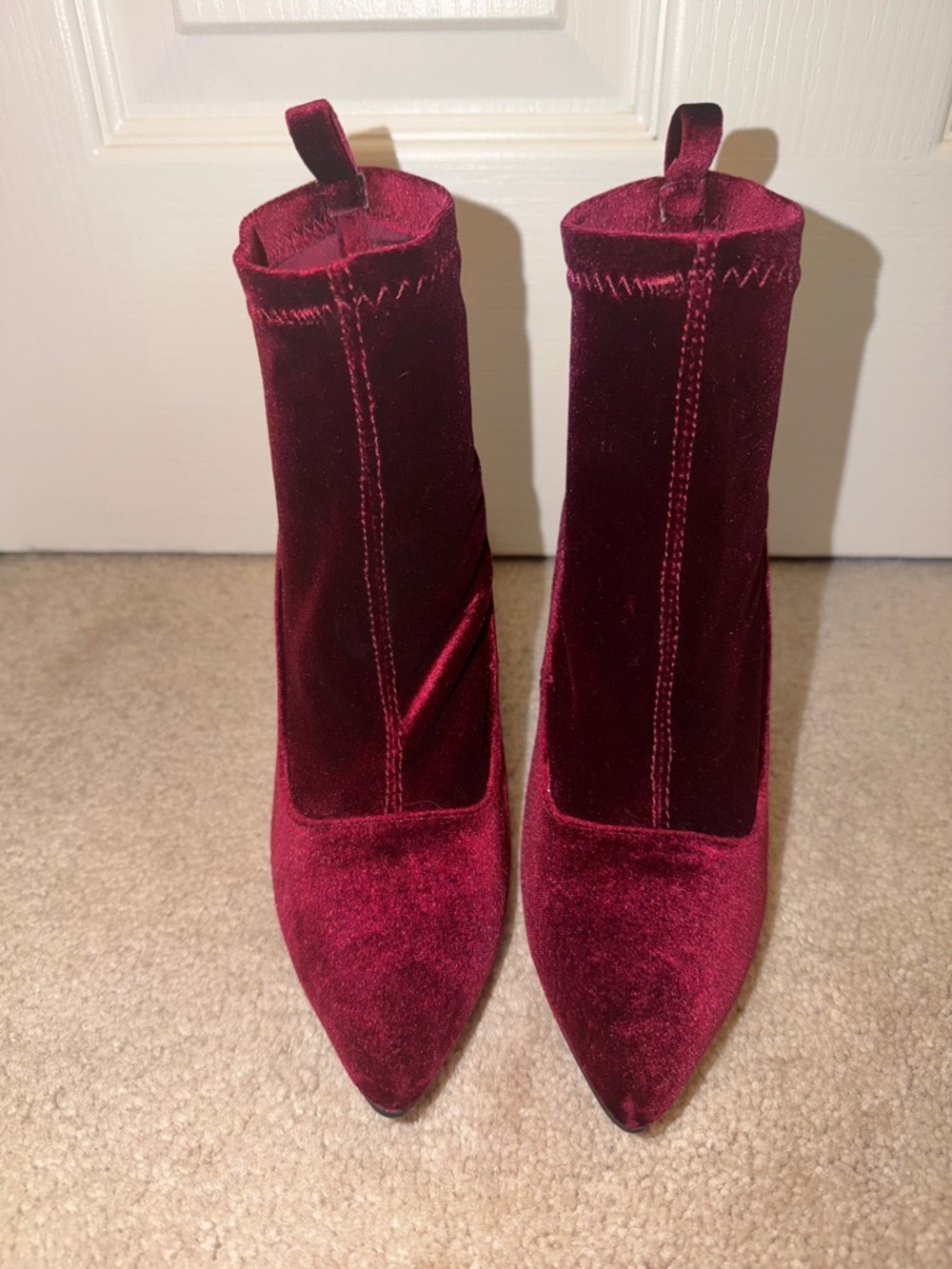 Qupid Wine Velvet Pointed Toe Ankle Boots - Picture 2 of 7